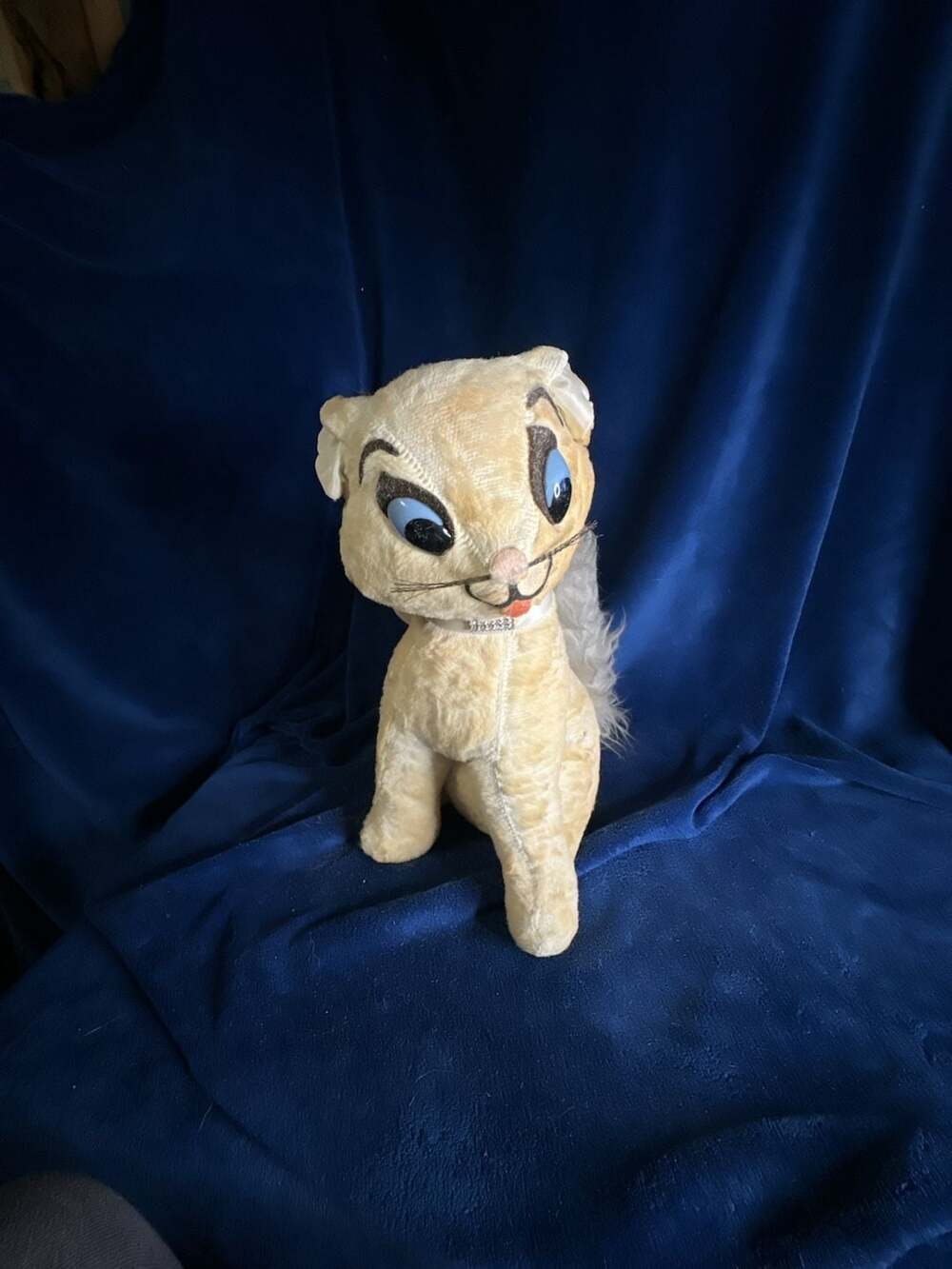 Vintage Walt Disney Character Plush Cat with Big Eyes and Rhinestone Collar